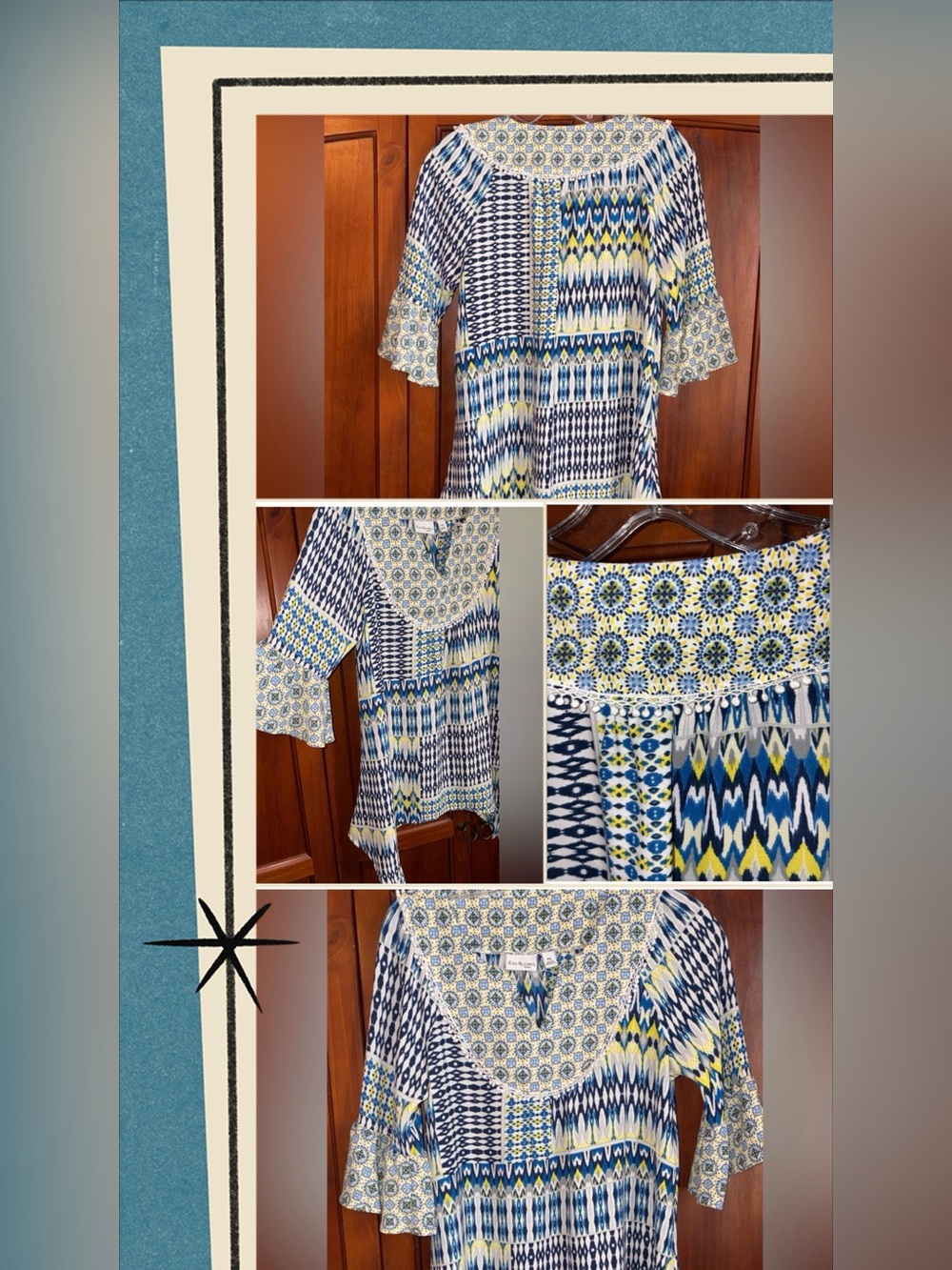 Kim Rogers Blue, Yellow and White Patterned Tunic 17↔️26↕️ #1586